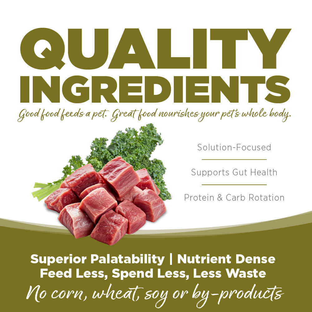 Advertisement for pet food with raw meat and greens, emphasizing quality ingredients and health benefits.