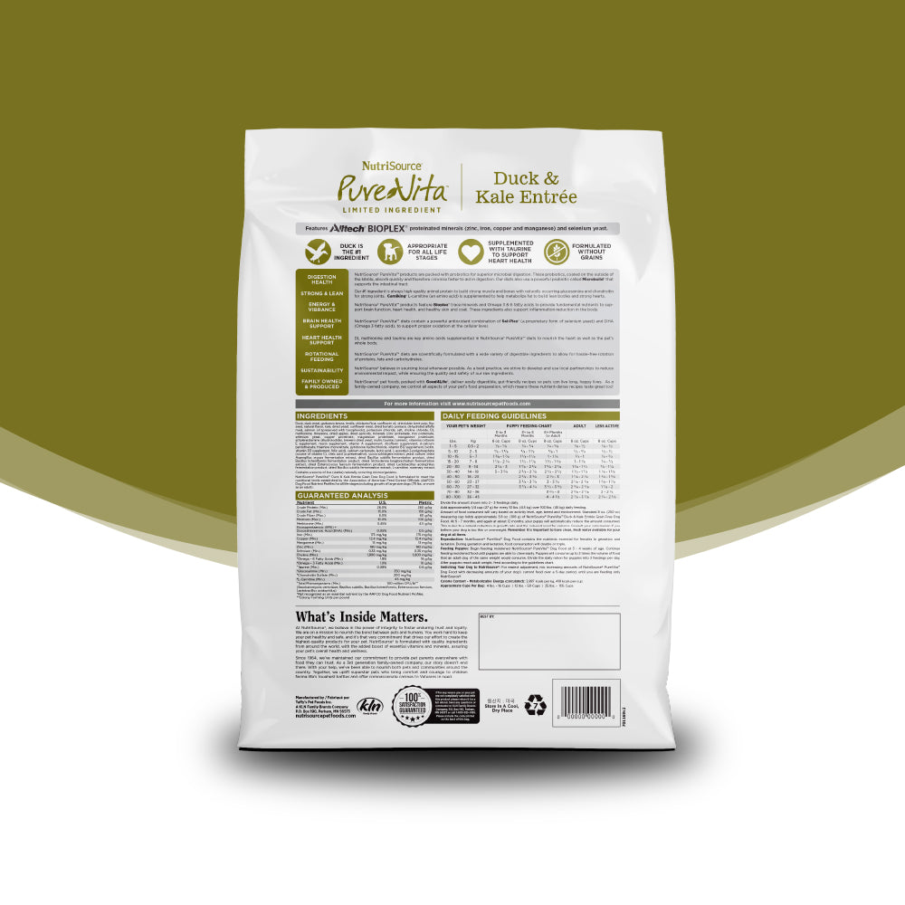 PureVita Duck & Kale Entree package with nutritional information on a green background