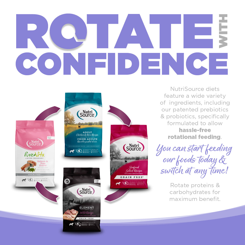 Promotional graphic for NutriSource dog food packages with text about rotating diets.