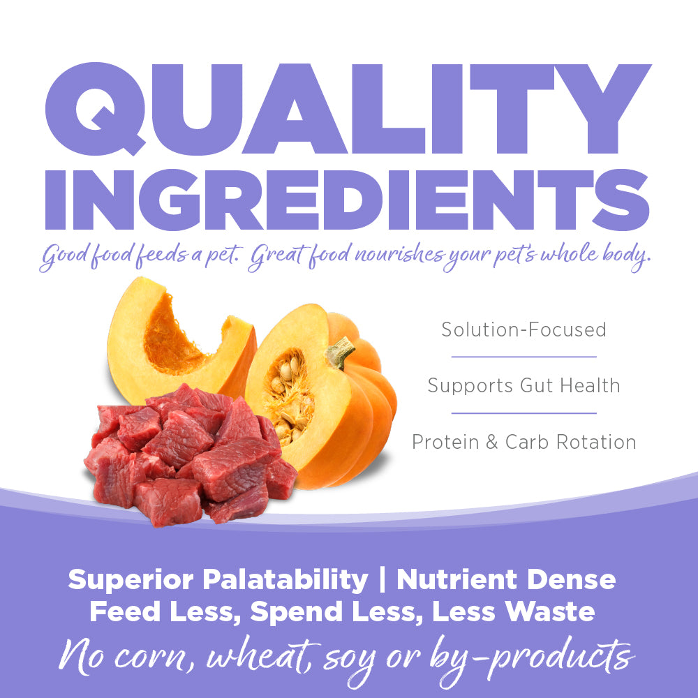 Promotional graphic for pet food with pumpkins and meat chunks, emphasizing quality ingredients.