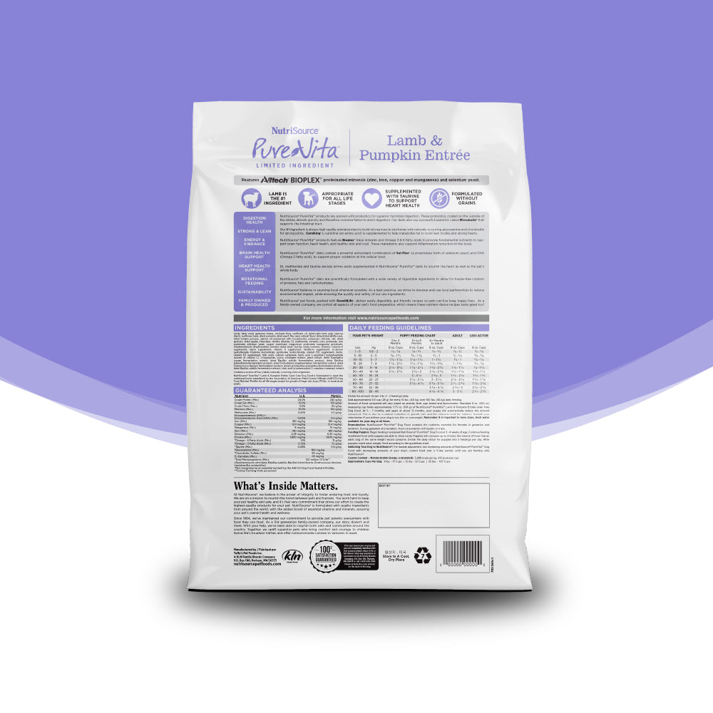 Dog food package with label on a purple background