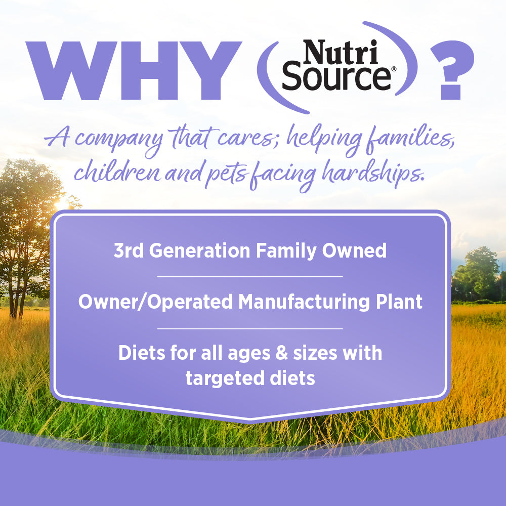 Advertisement for NutriSource with text about the company's values and services, set against a scenic background.
