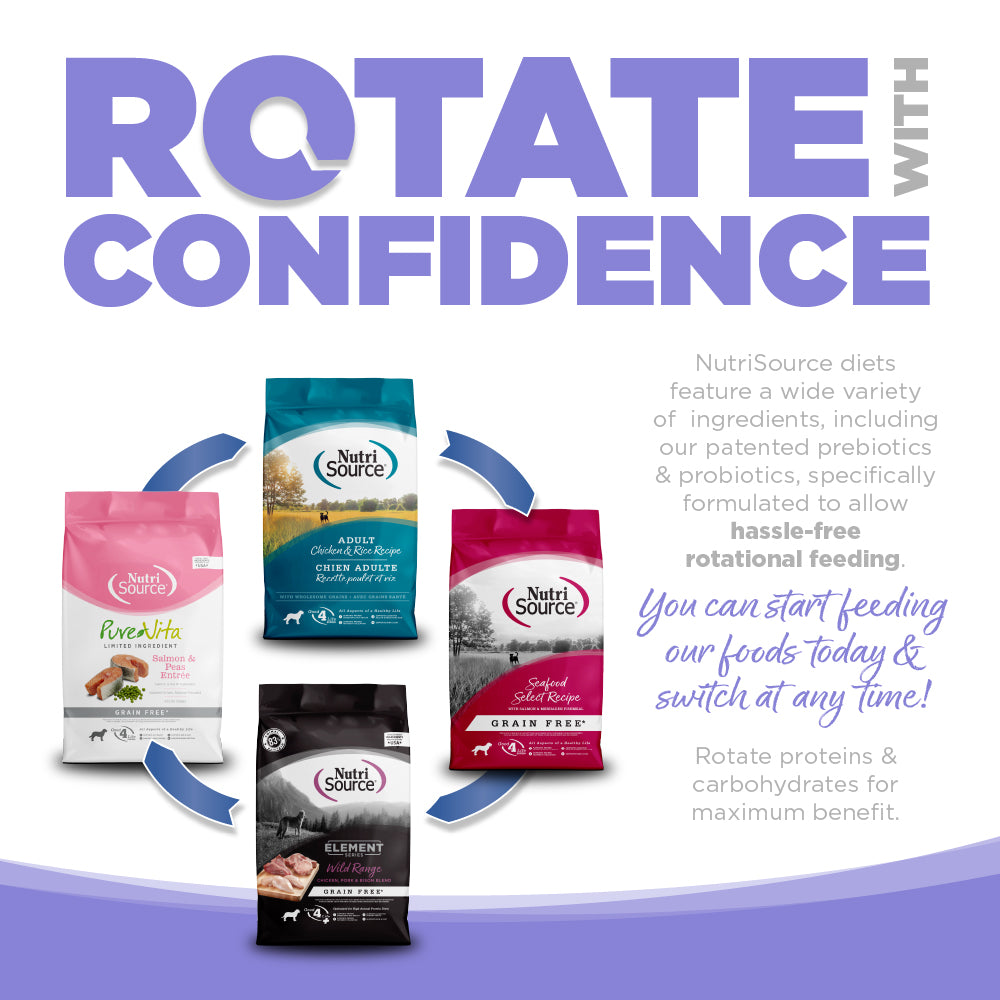 Promotional graphic for NutriSource dog food with product packaging and text about rotating diets.