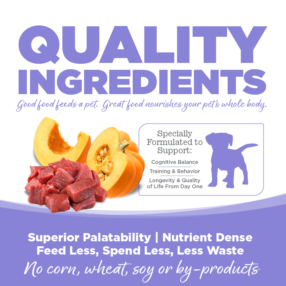 Advertisement for pet food with ingredients and benefits on a white background