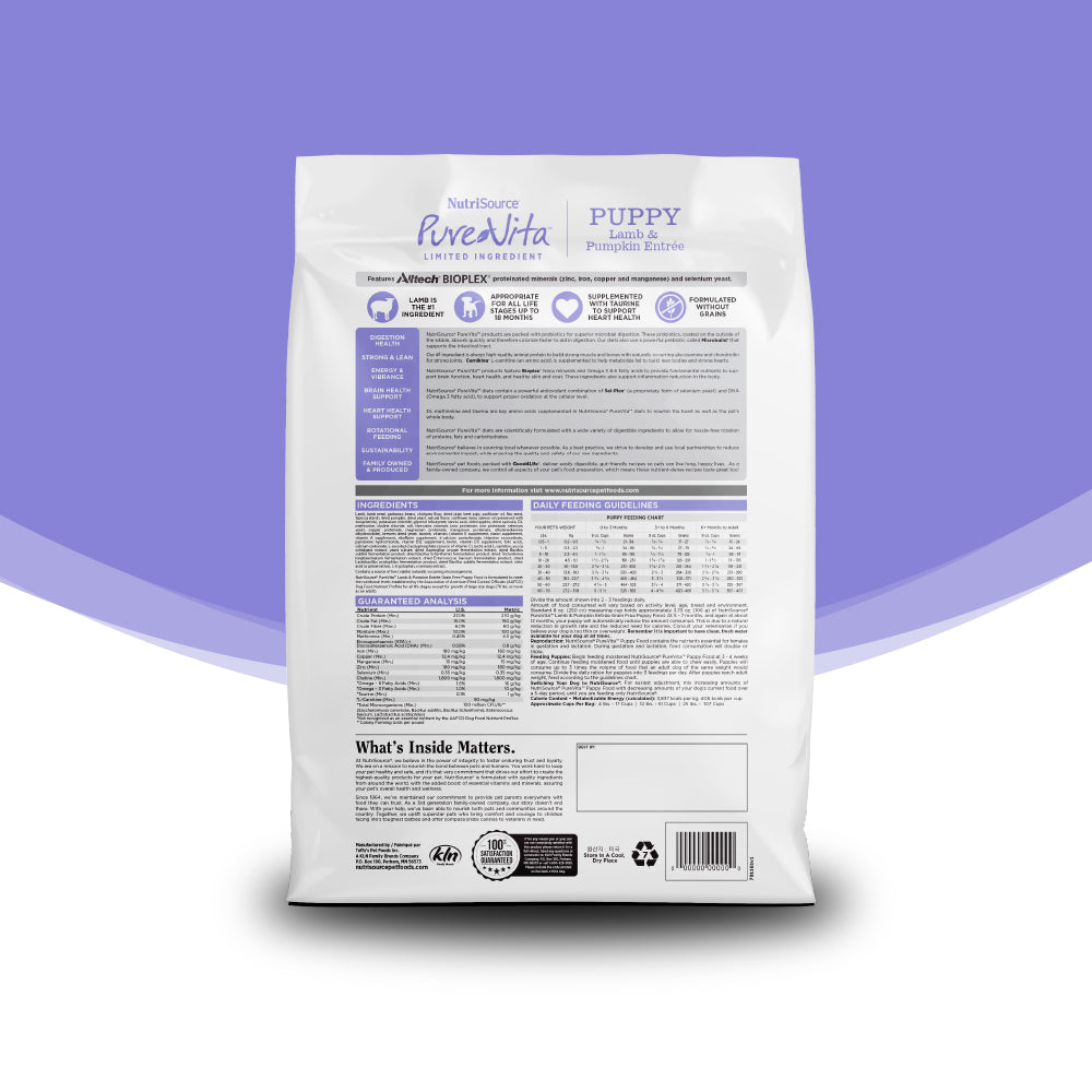 Dog food package with nutritional information on a purple background
