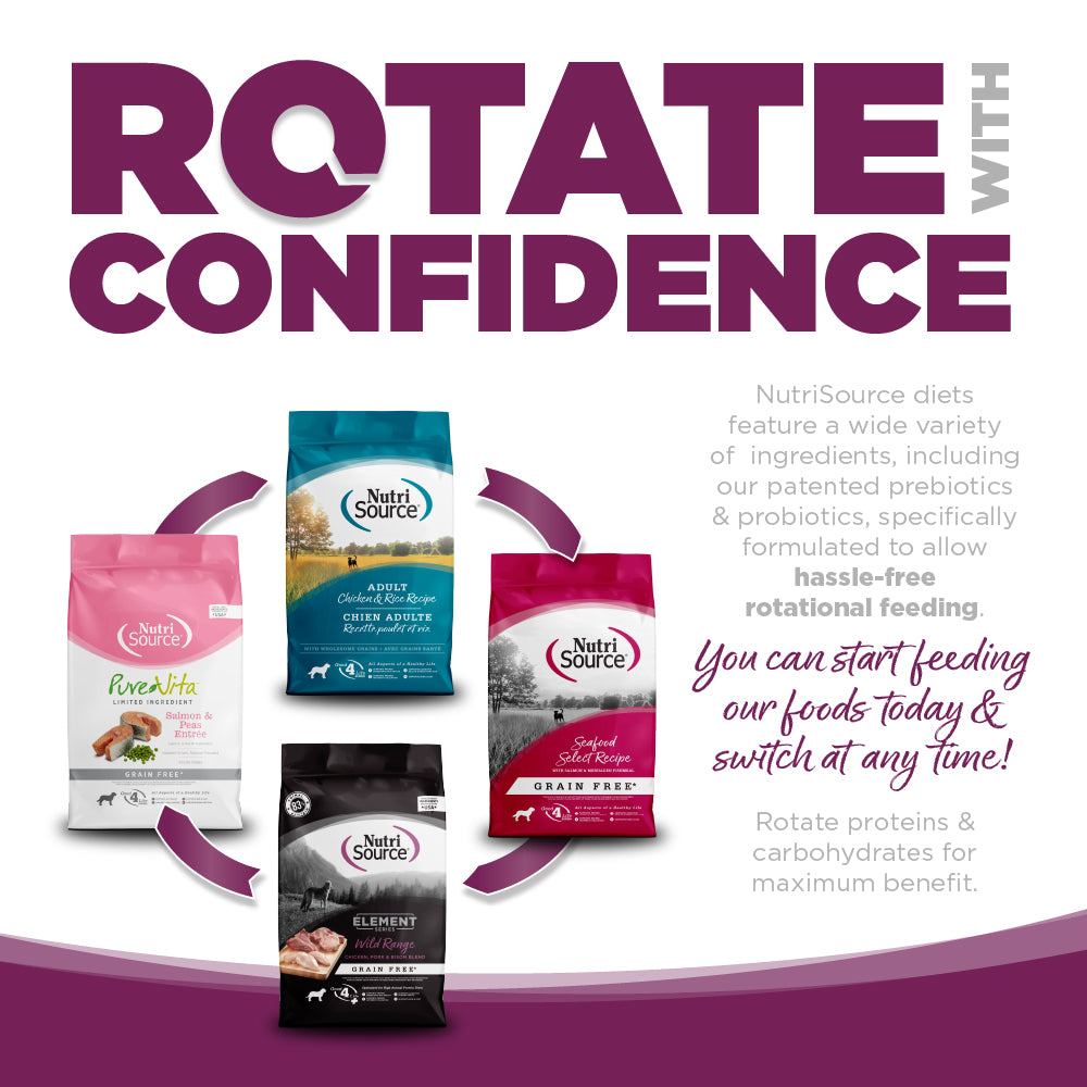 Promotional graphic for NutriSource dog food packages with text about rotating diets.