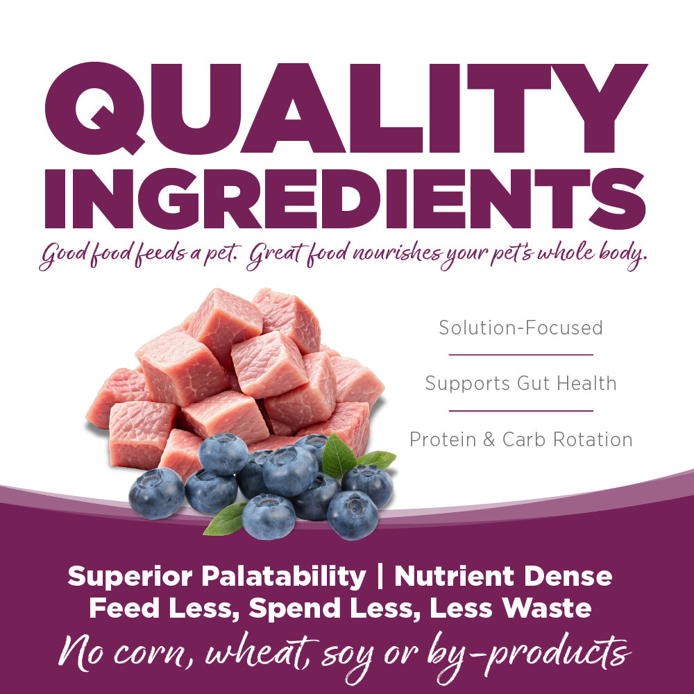 Pet food packaging with text about quality ingredients and benefits on a white background.
