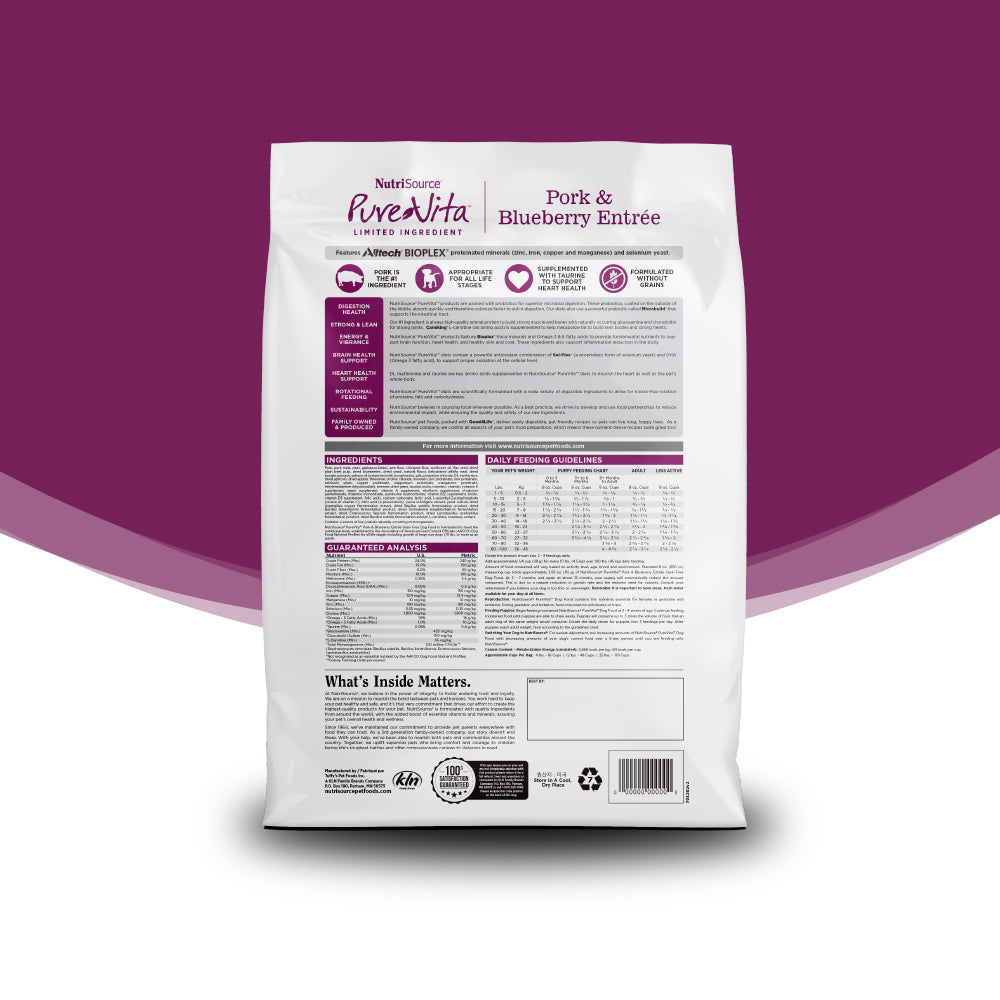 PureVita pet food package with nutritional information on a purple background