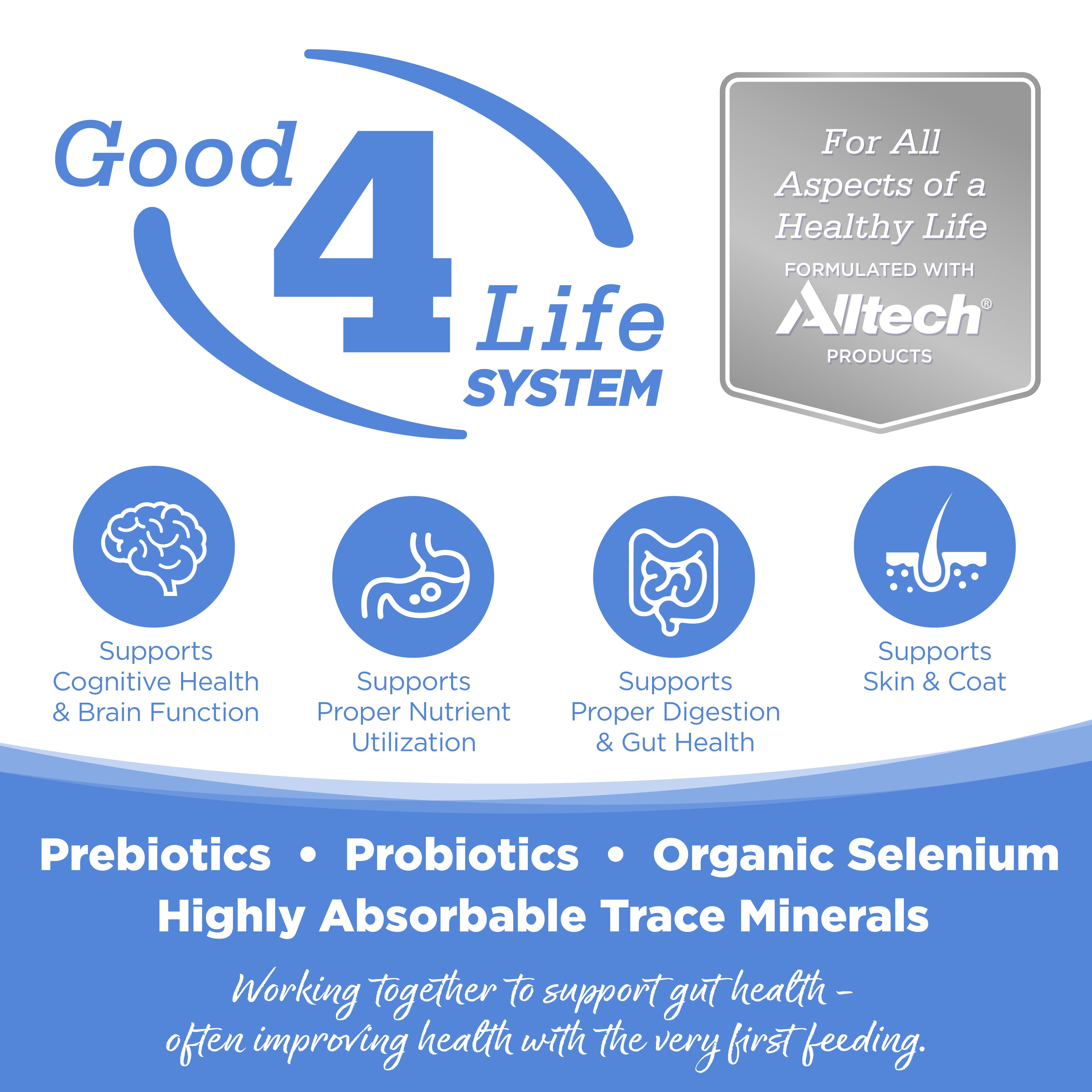 Good 4 Life: Our proprietary Good 4 Life system includes 4 key ingredients that work together to support gut health and the well-being of your pet.
