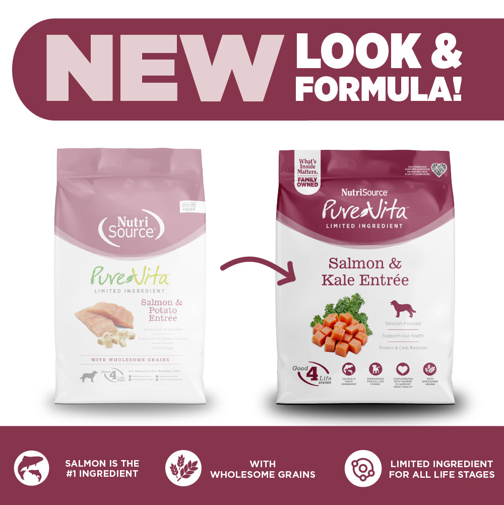 Two packages of NutriSource PureVita pet food with a 'New Look & Formula' banner above them.