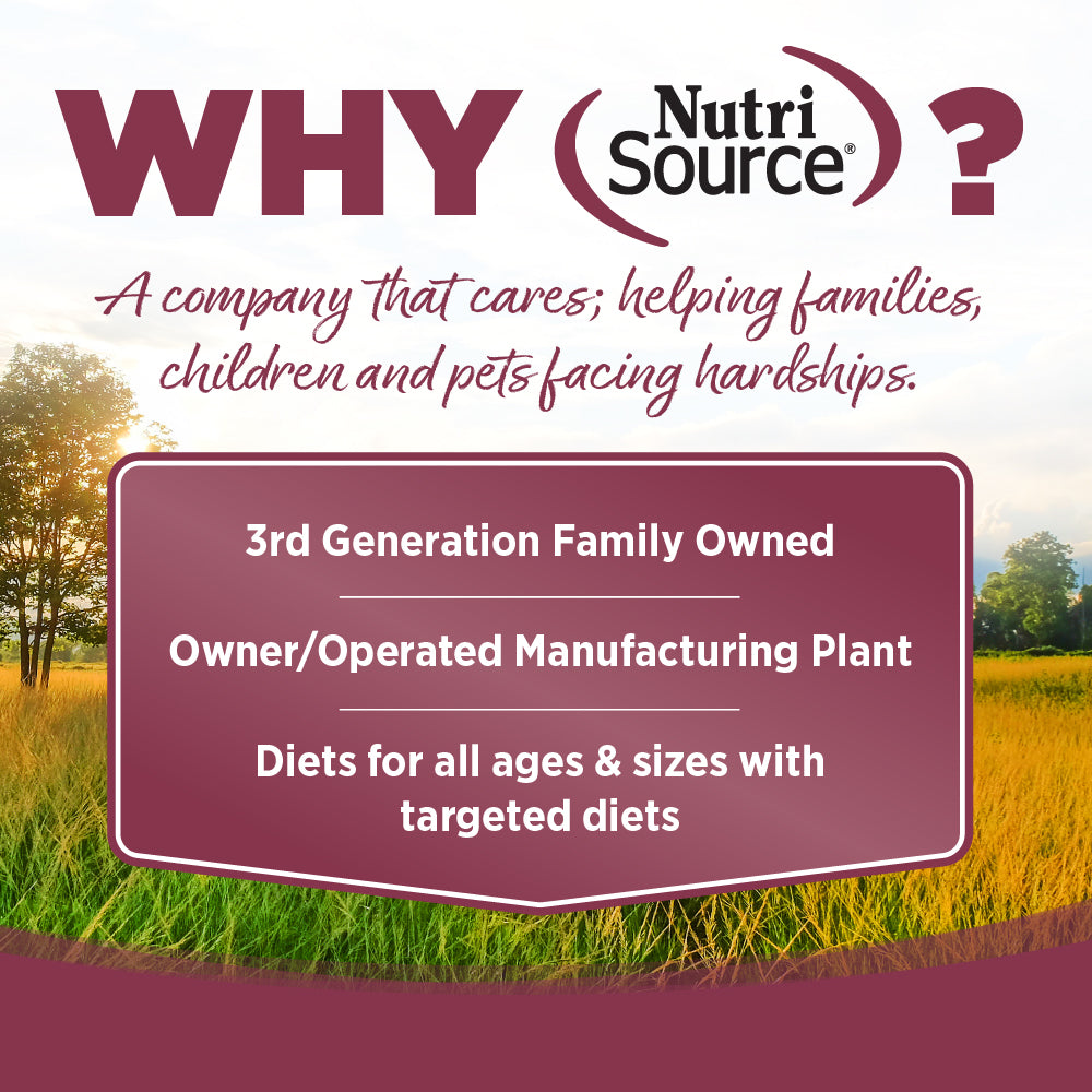 Advertisement for NutriSource with text about the company's values and services, set against a scenic background.