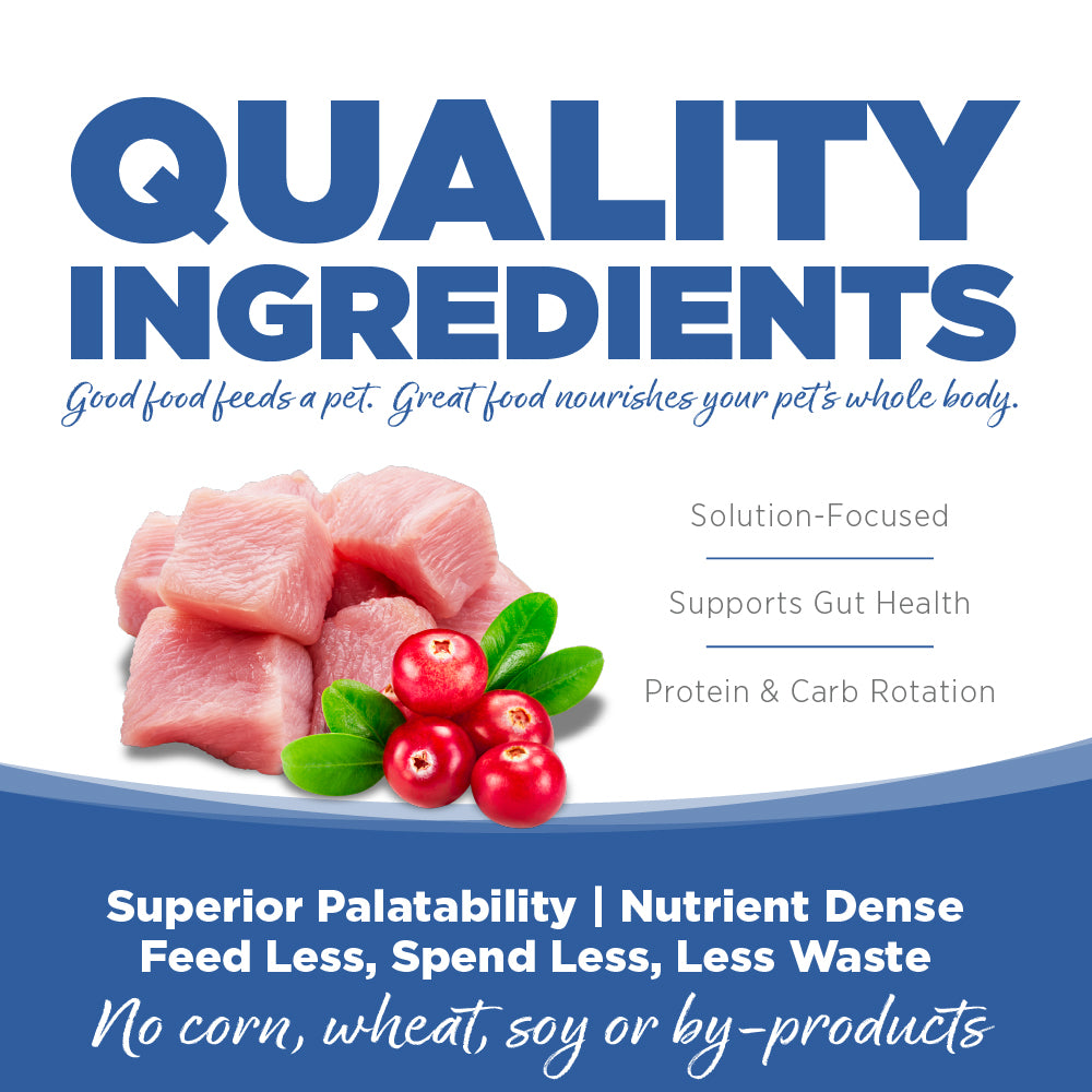 Advertisement for pet food with raw meat and berries on a white background