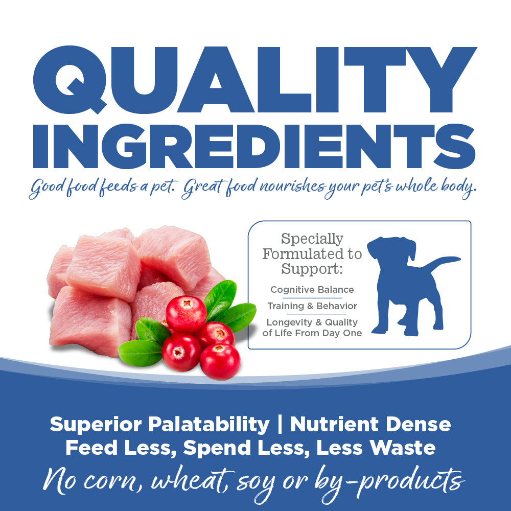 Advertisement for pet food with quality ingredients text and visual elements.
