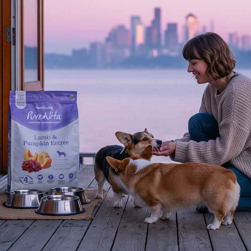 Woman with two dogs on a deck with a city skyline in the background, PureVita dog food package visible