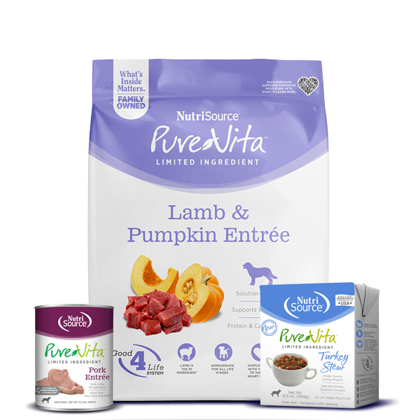 NutriSource® PureVita pet food packaging including a bag, can, and box