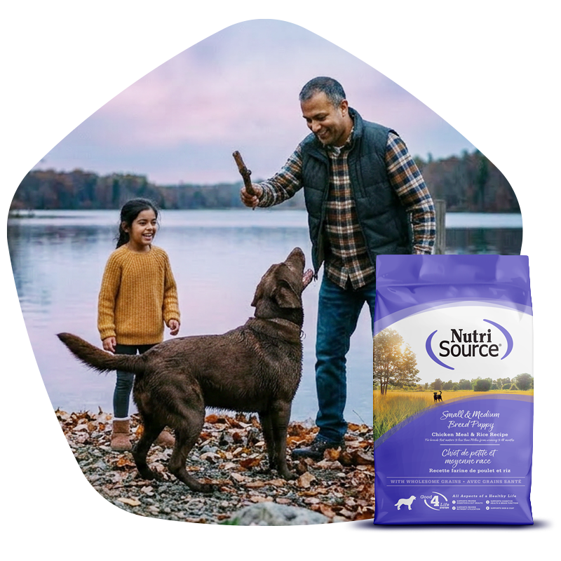 Man and young girl with a dog by a lake, NutriSource® dog food bag in the foreground