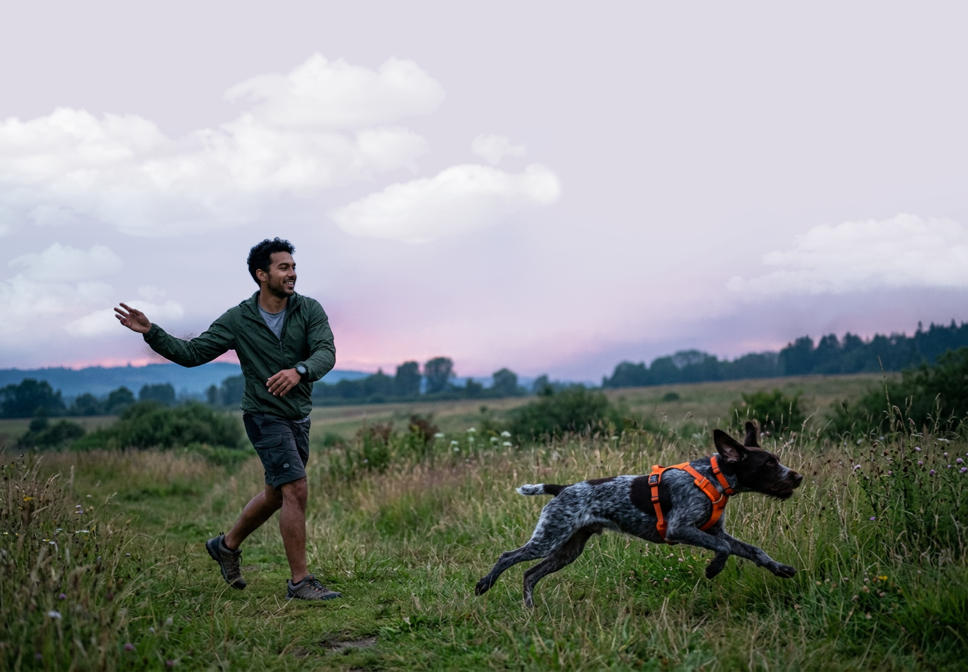 Man playing with a dog in an open field during sunset