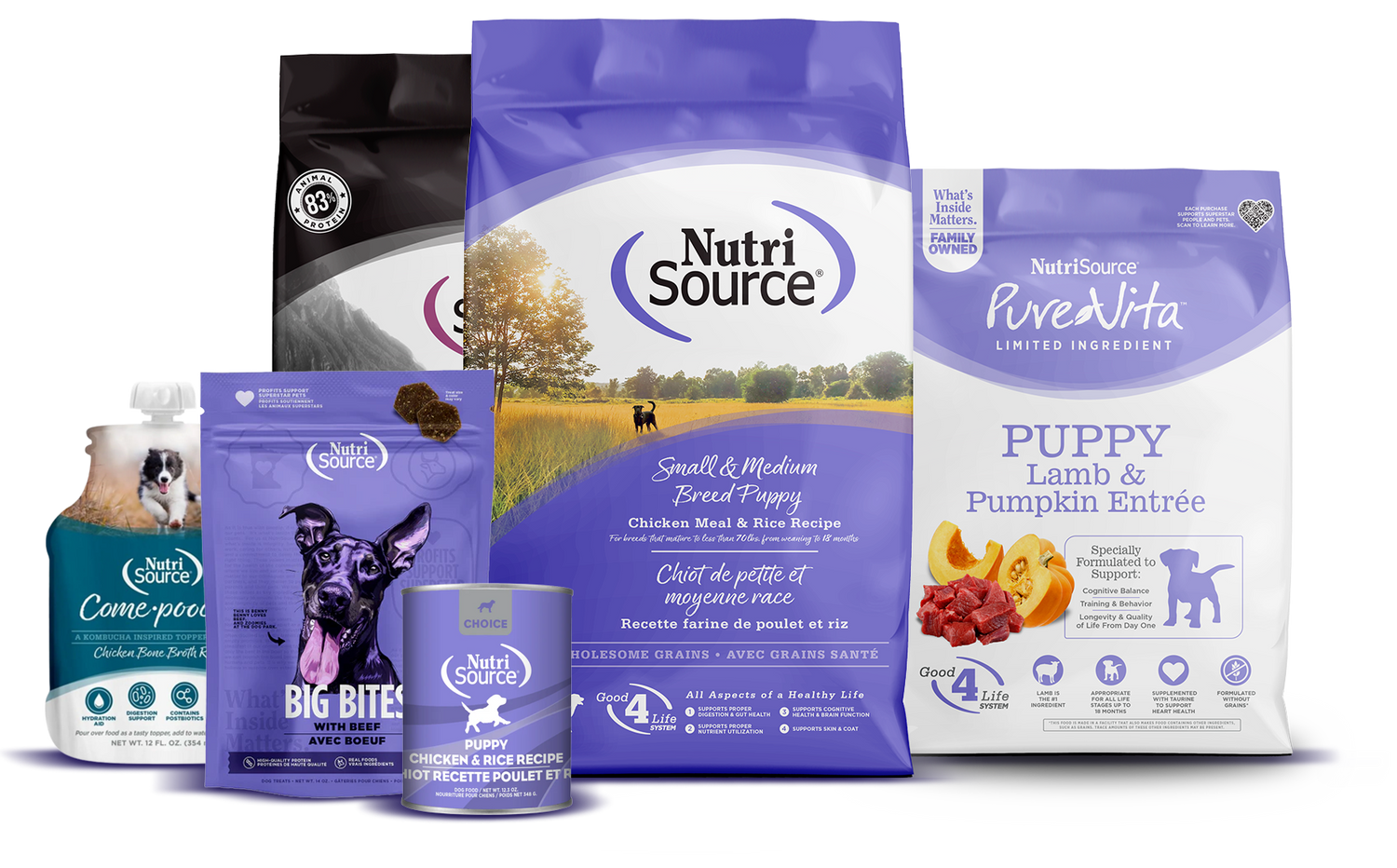 Collection of NutriSource® pet food packages