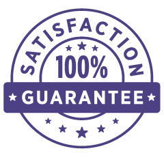 100% satisfaction guarantee badge with purple stars