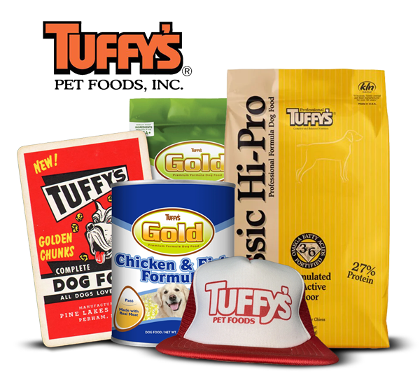Tuffy's Pet Foods products including bags, a can, and a hat