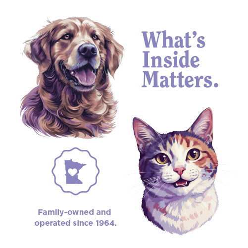 Illustration of a dog and a cat with text 'What's Inside Matters' and 'Family-owned and operated since 1964'
