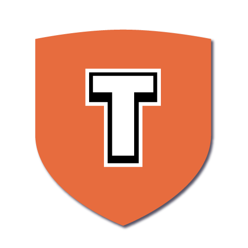 Orange shield-shaped logo with a black letter 'T' in the center