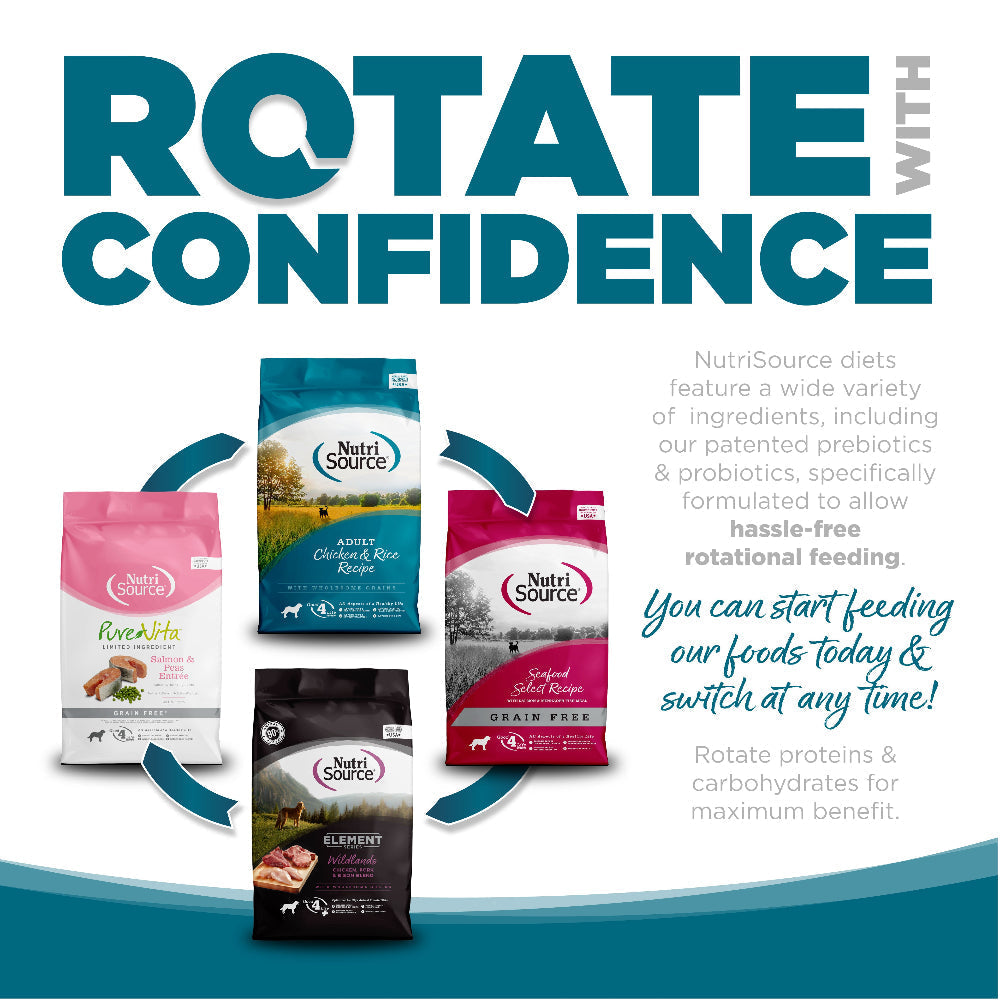 Rotate with Confidence: NutriSource diets feature a wide variety of ingredients specifically formulated to allow hassle-free rotational feeding.