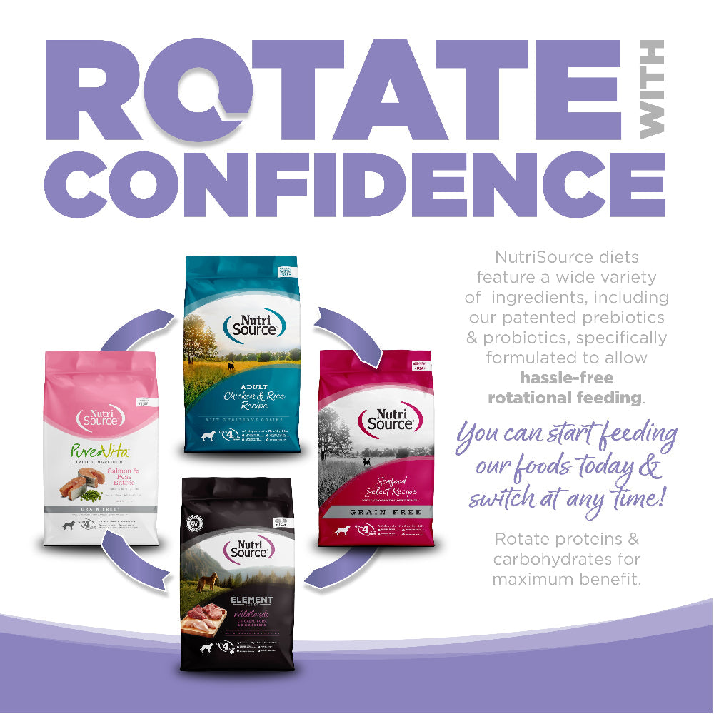 Rotate with Confidence: NutriSource diets feature a wide variety of ingredients specifically formulated to allow hassle-free rotational feeding.