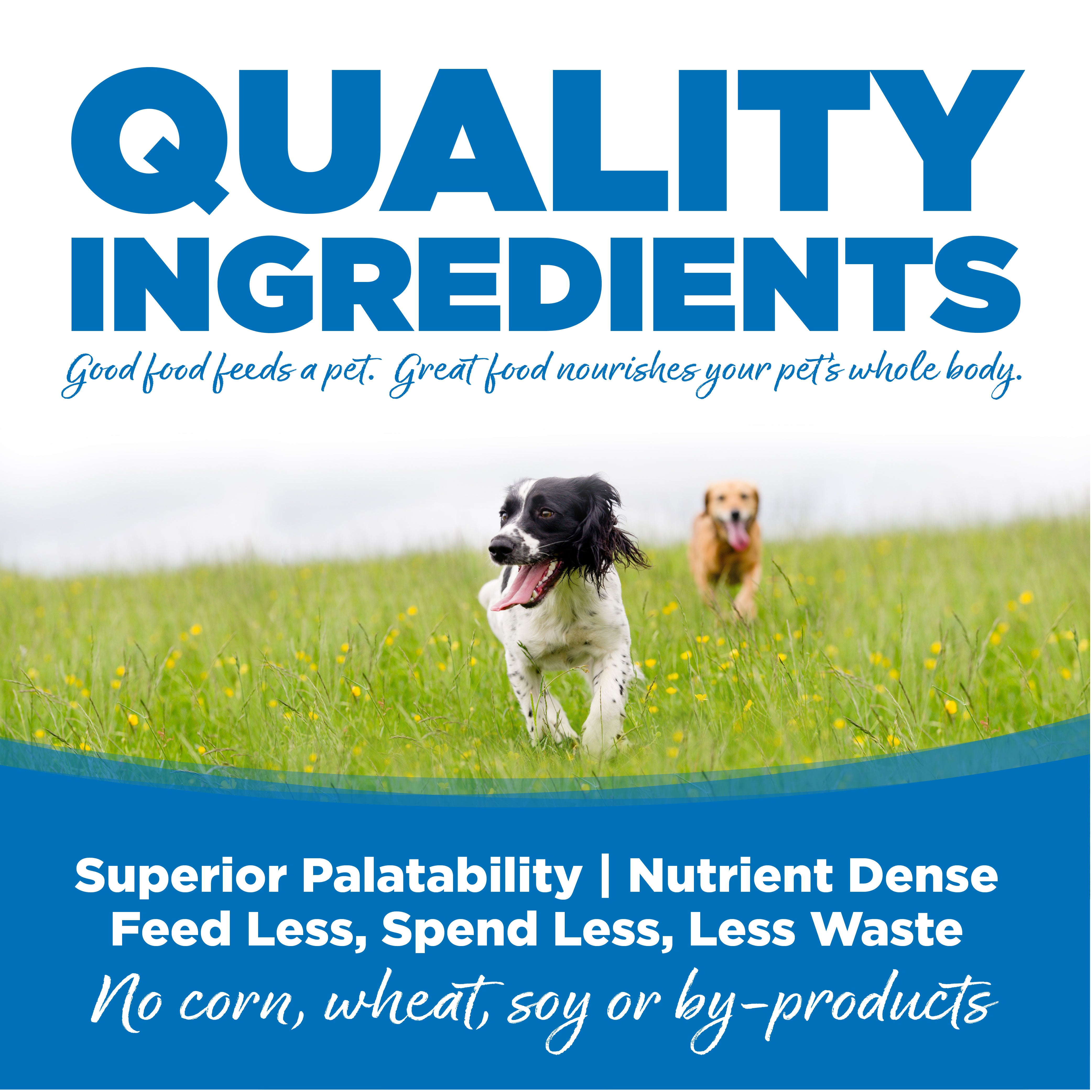 Quality Ingredients: Superior Palatability & Nutrient Dense – Feed less, spend less, less waste. No corn, wheat, soy or by-products.