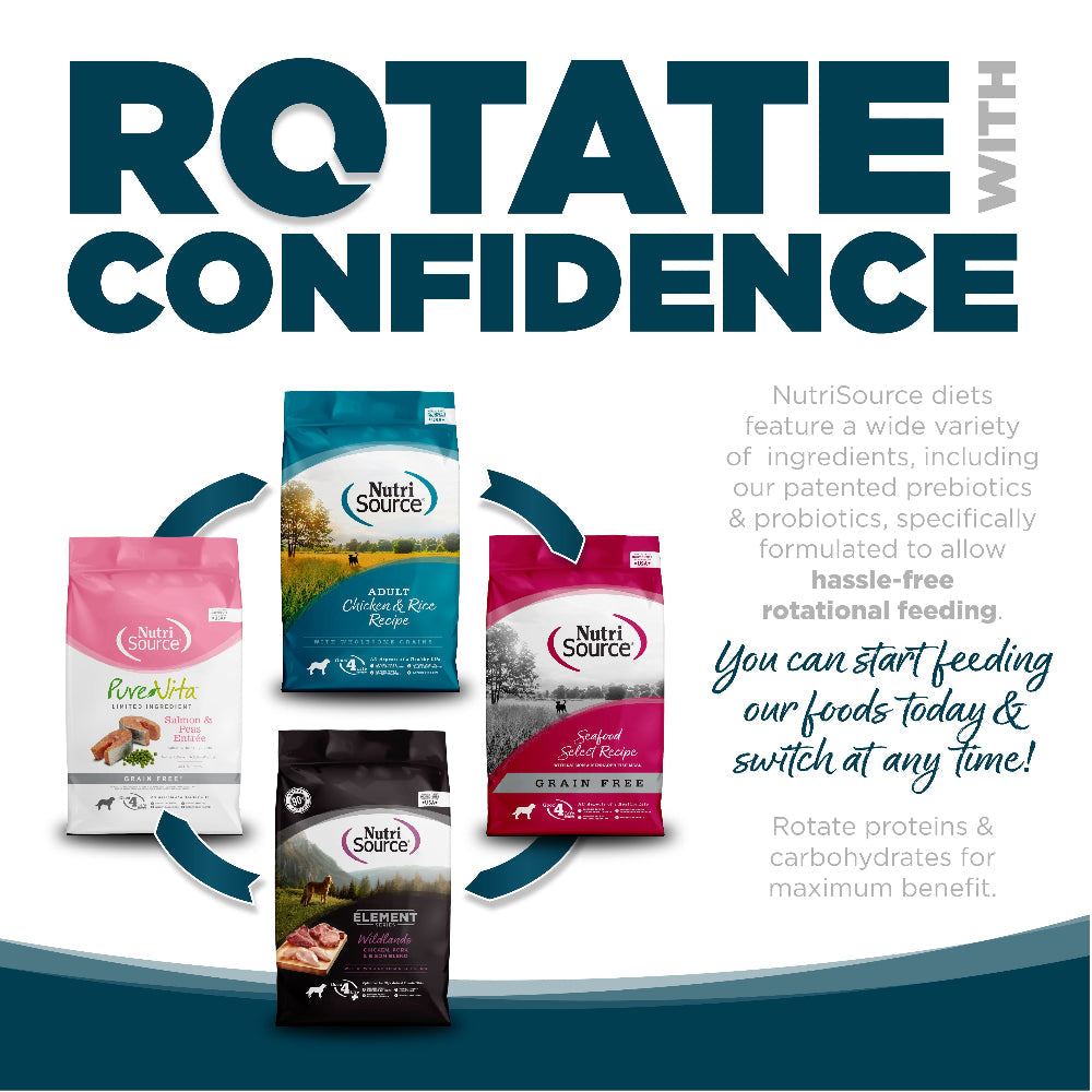 Rotate with Confidence: NutriSource diets feature a wide variety of ingredients specifically formulated to allow hassle-free rotational feeding.