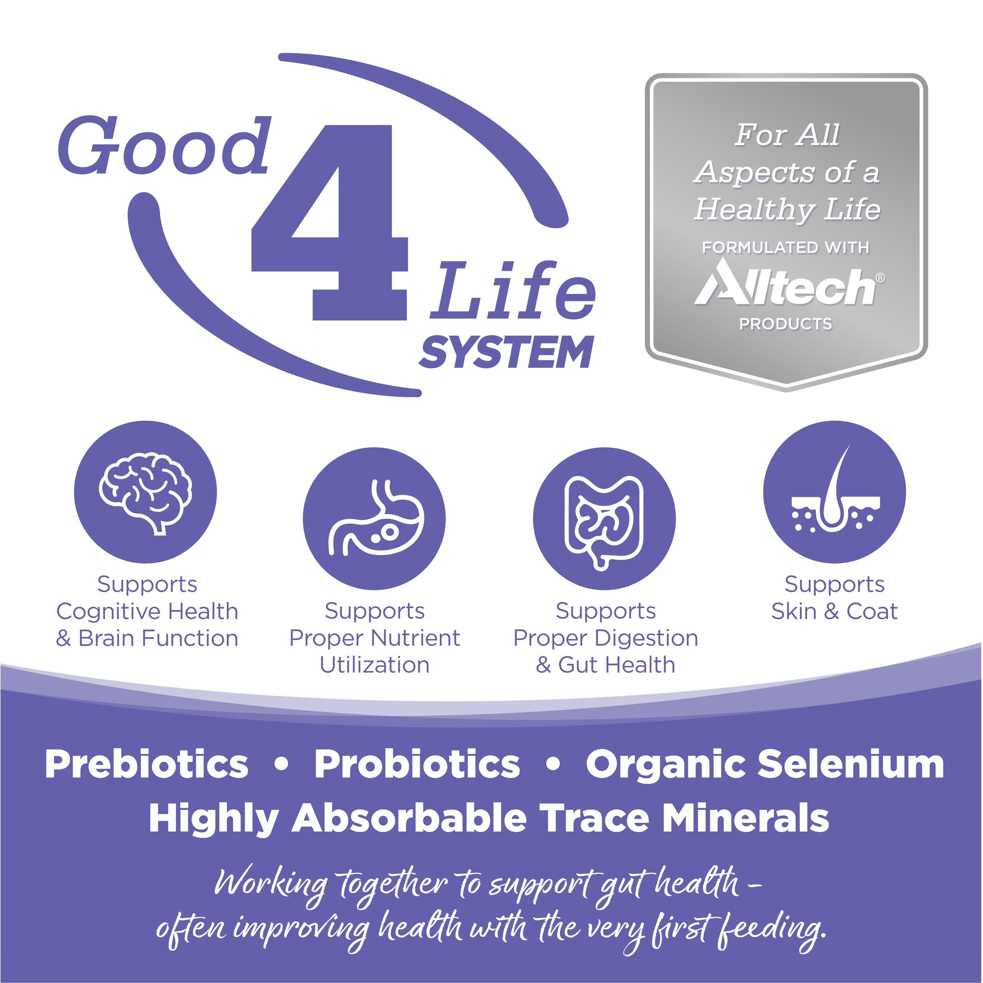 Good 4 Life: Our proprietary Good 4 Life system includes 4 key ingredients that work together to support gut health and the well-being of your pet.