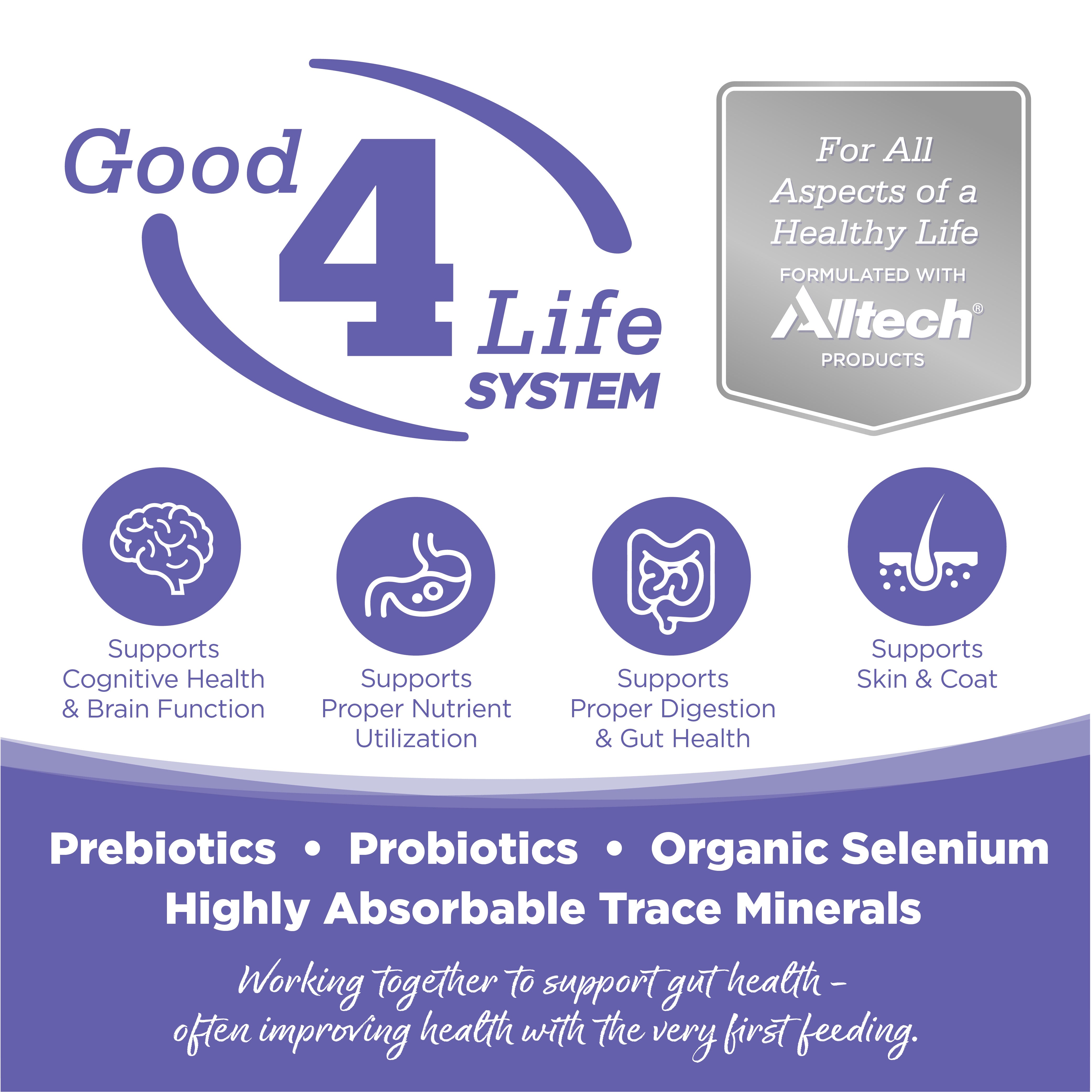 Good 4 Life: Our proprietary Good 4 Life system includes 4 key ingredients that work together to support gut health and the well-being of your pet.