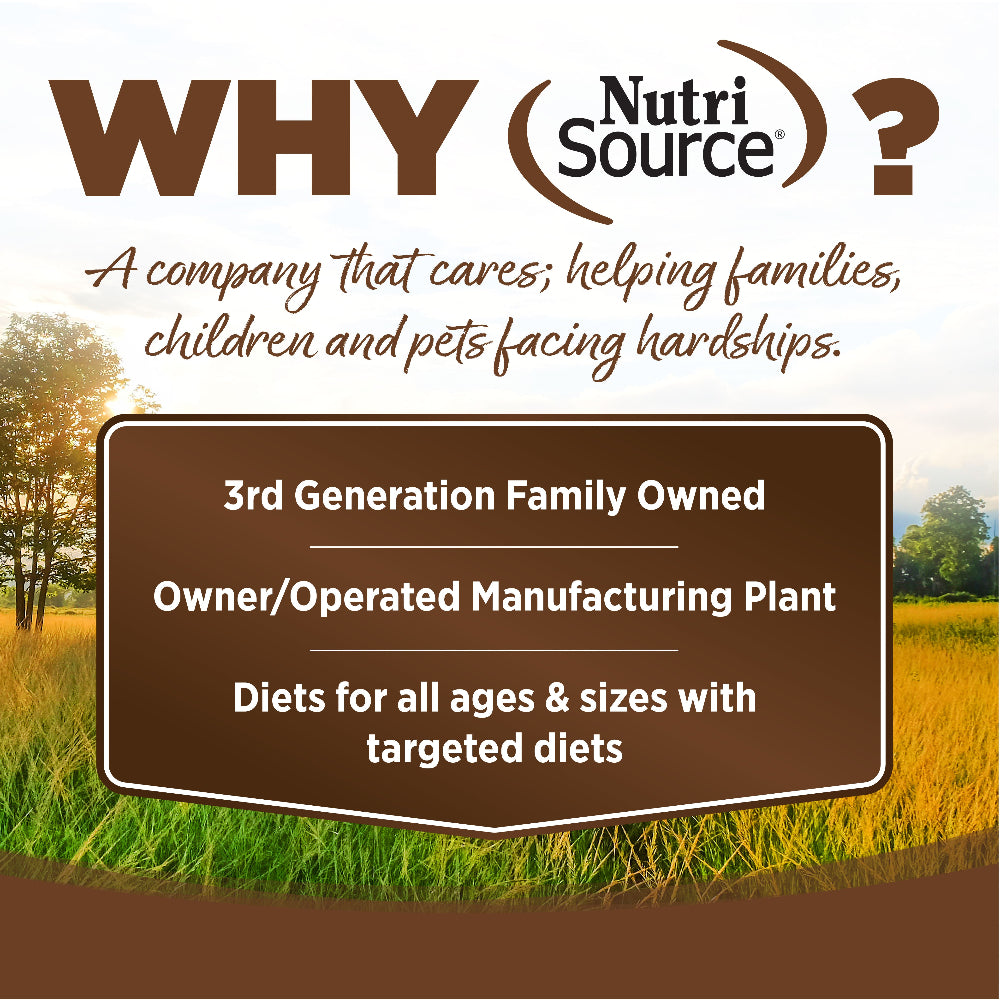 Advertisement for NutriSource with text about the company's values and services, set against a scenic background.
