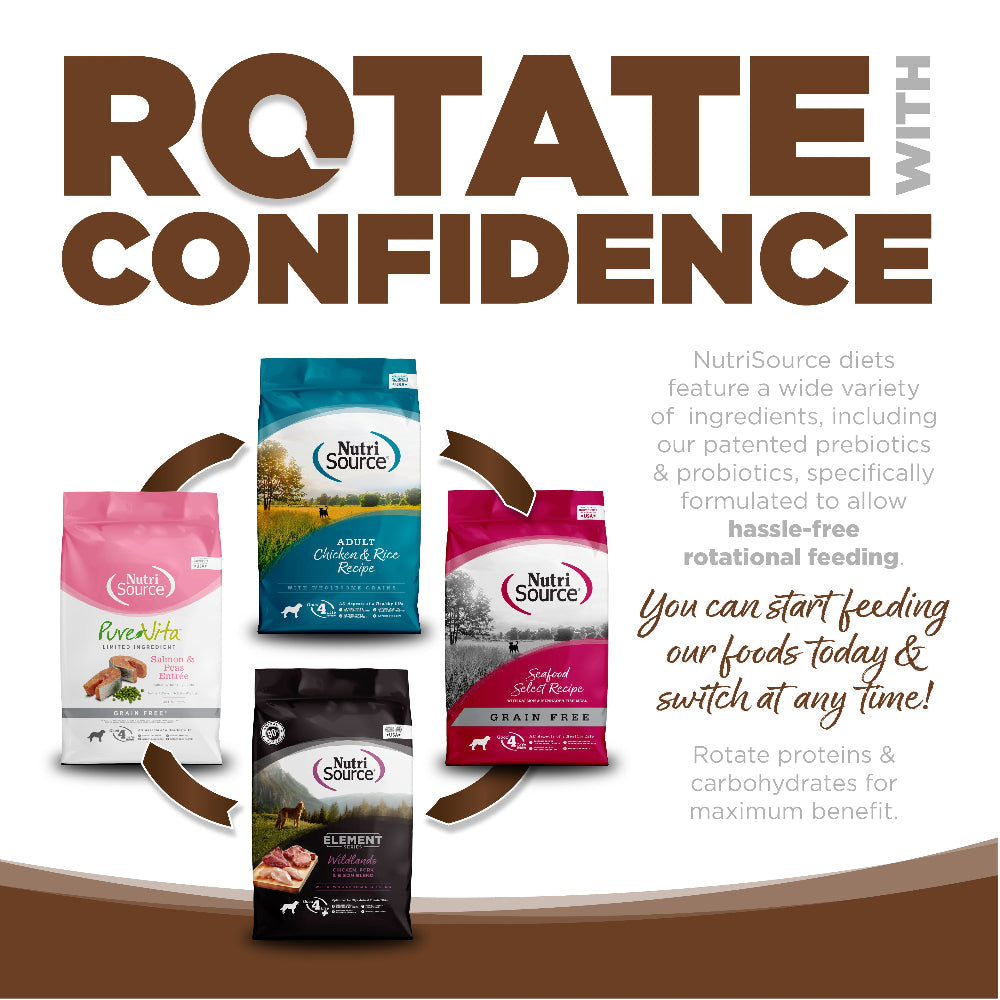 Promotional graphic for NutriSource dog food packages with text about rotating diets.