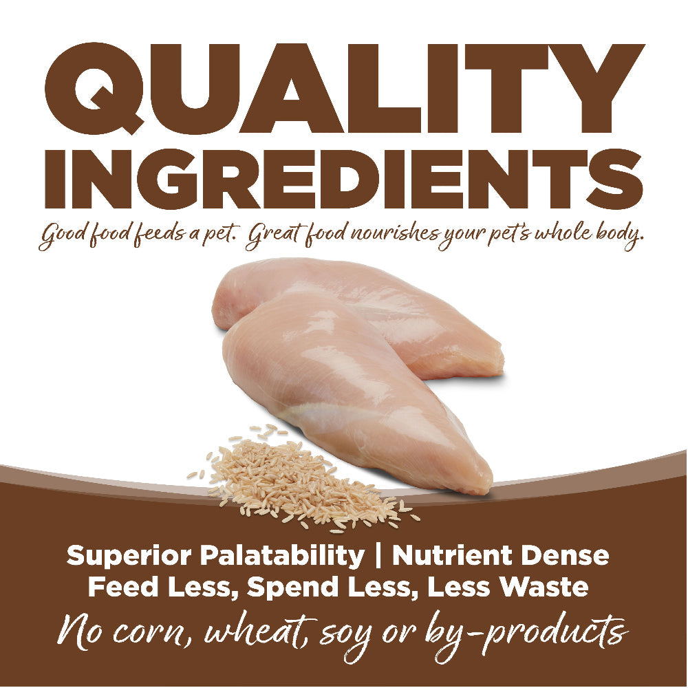 Advertisement for pet food with chicken pieces and text about quality ingredients and benefits.