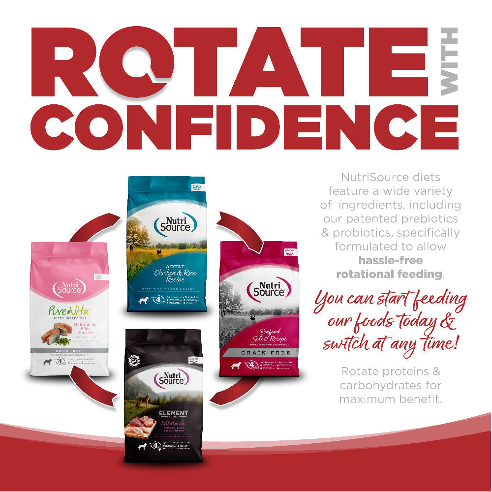 Rotate with Confidence: NutriSource diets feature a wide variety of ingredients specifically formulated to allow hassle-free rotational feeding.