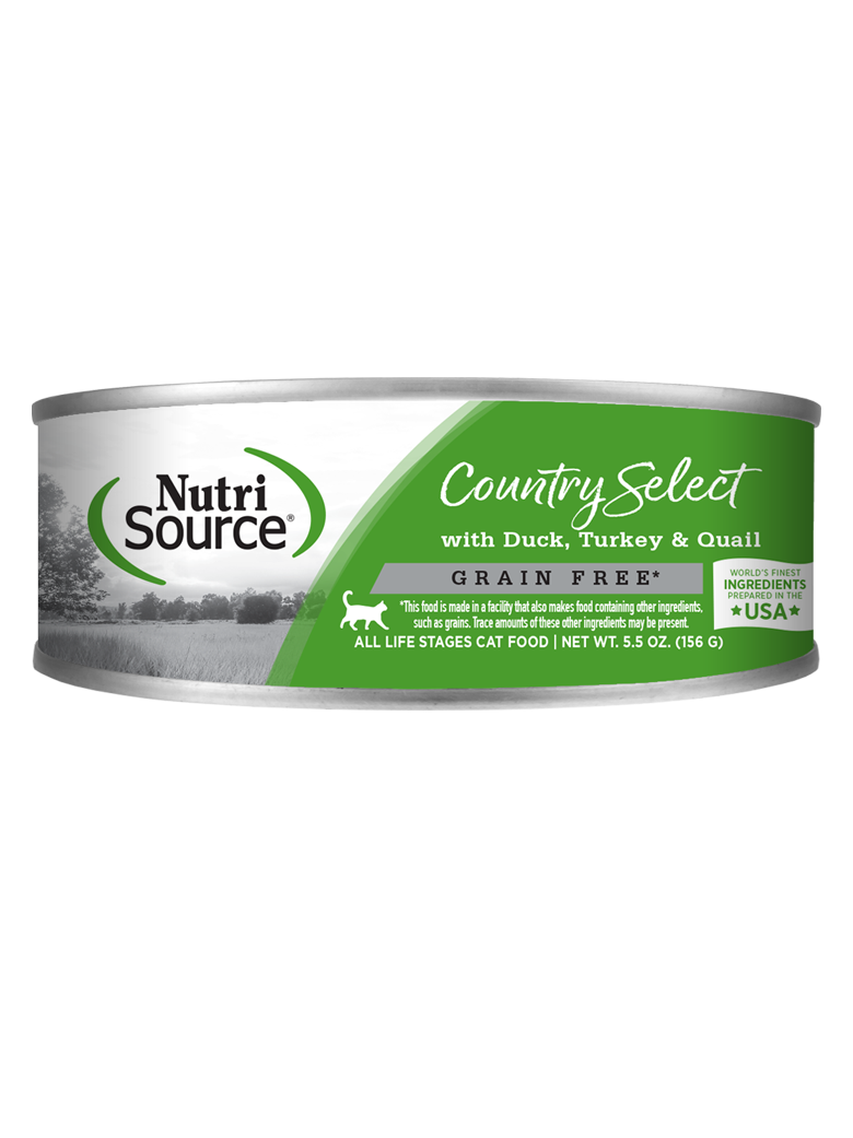 A can of NutriSource Grain Free Country Select Cat Food with Duck, Turkey & Quail.