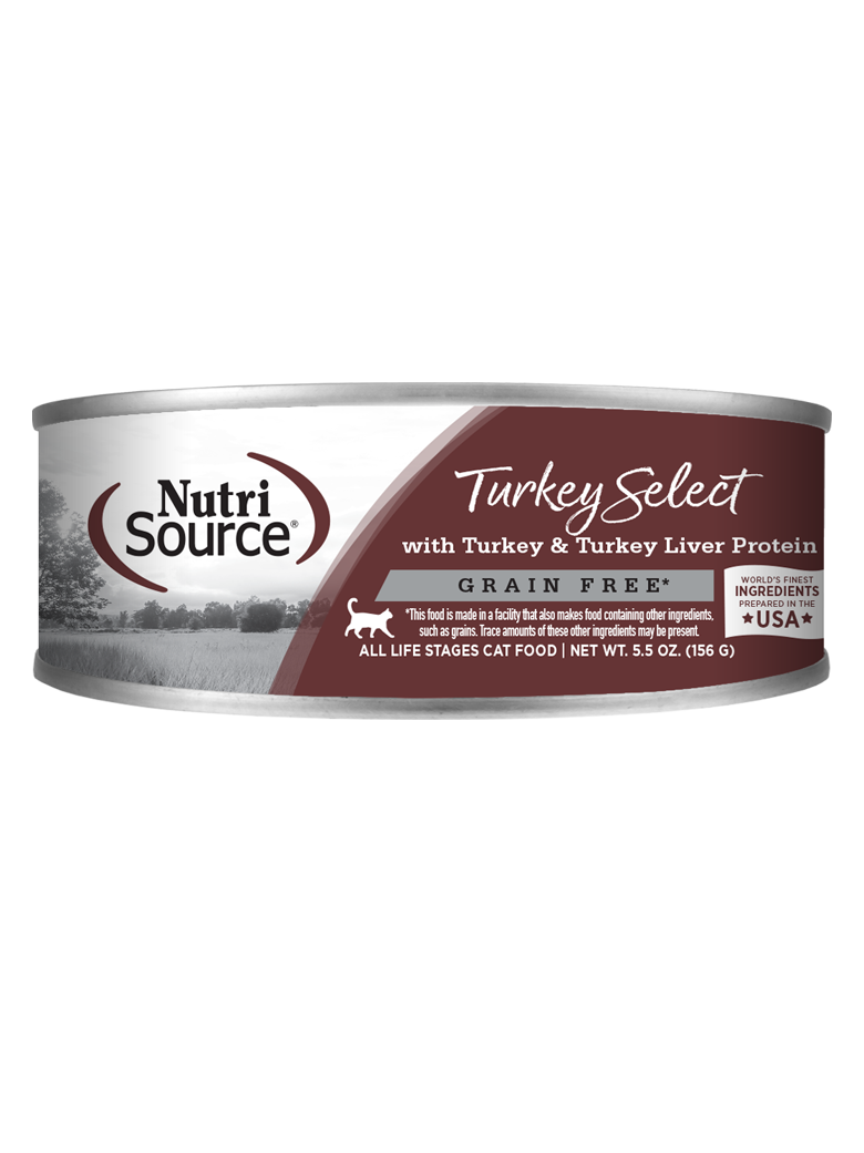 A can of NutriSource Grain Free Turkey and Turkey Liver Select pate-style cat formula.