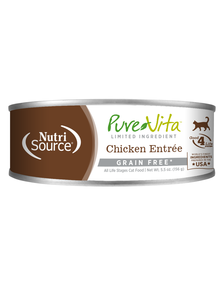 A can of PureVita Chicken Entrée cat food with NutriSource branding on the label.