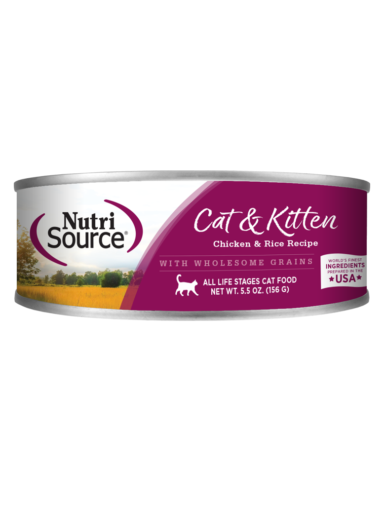 A can of NutriSource Cat & Kitten Chicken & Rice Recipe pate-style cat formula with wholesome grains.