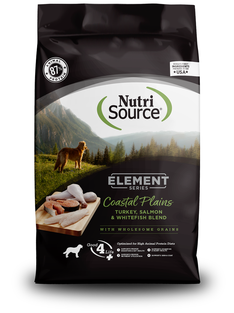 A bag of NutriSource Element Series Coastal Plains Recipe Dog Food featuring an image of a dog and a mountain landscape.