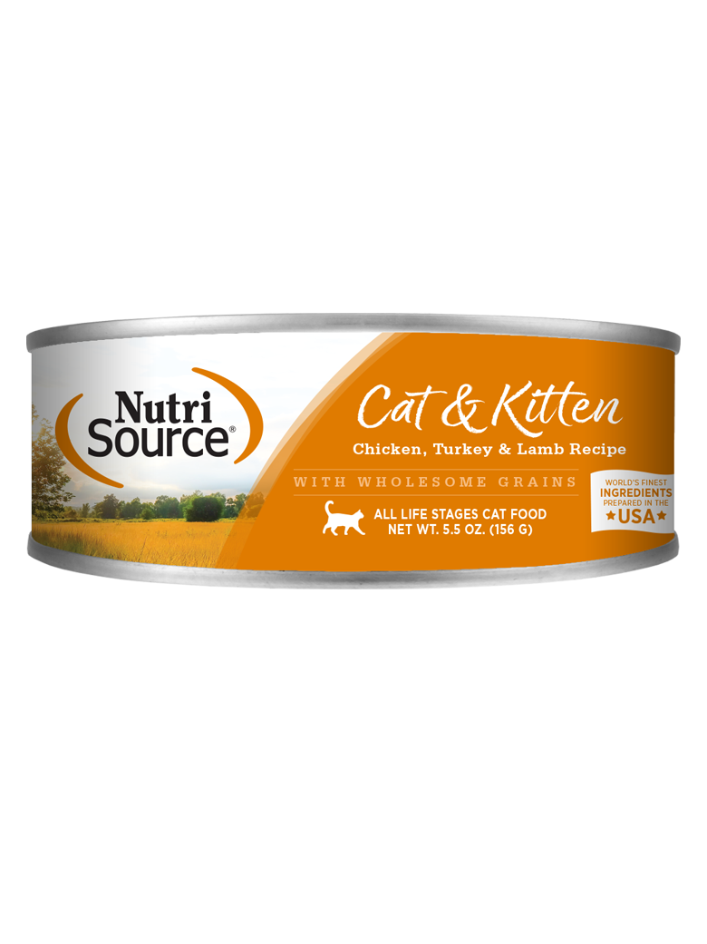 A can of NutriSource Cat & Kitten Chicken, Turkey & Lamb Recipe cat food.