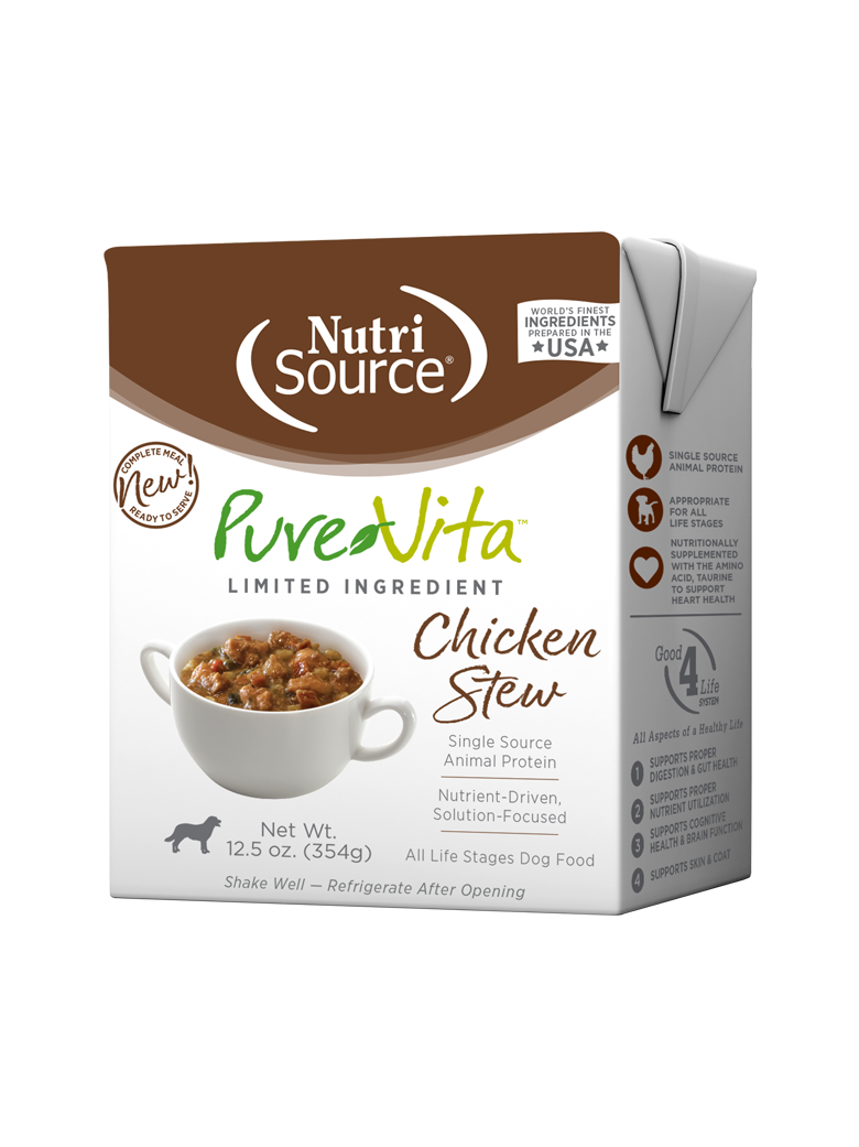 NutriSource PureVita Chicken Stew dog food in a TetraPak container.