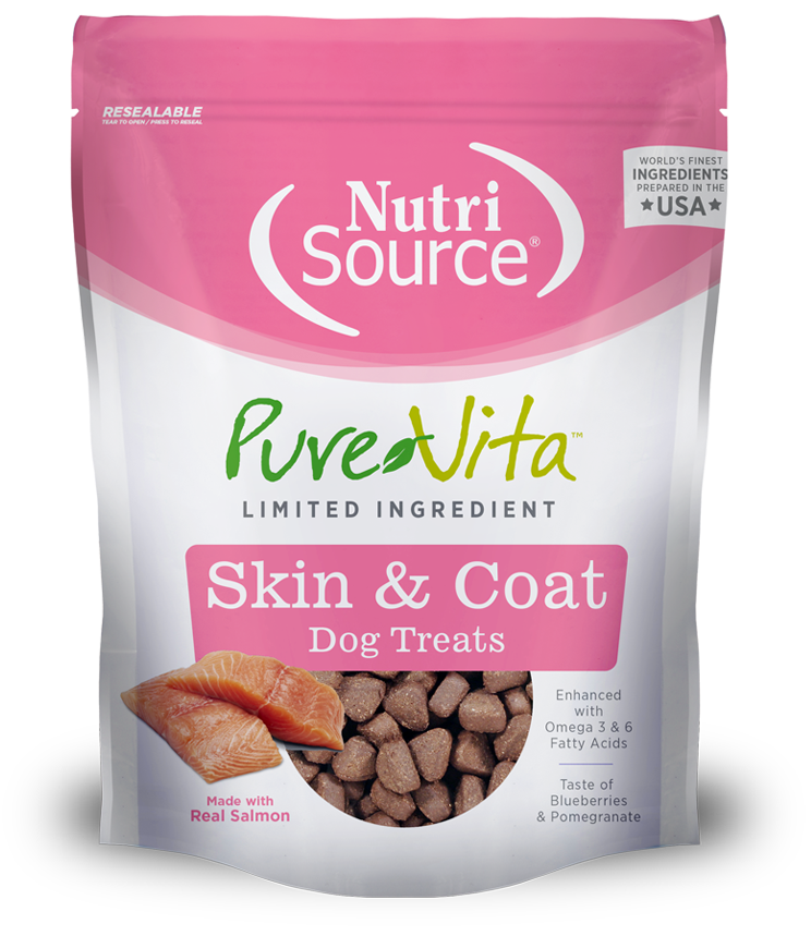 A package of PureVita Skin & Coat Dog Treats with a picture of salmon and dog treats against a pink background.