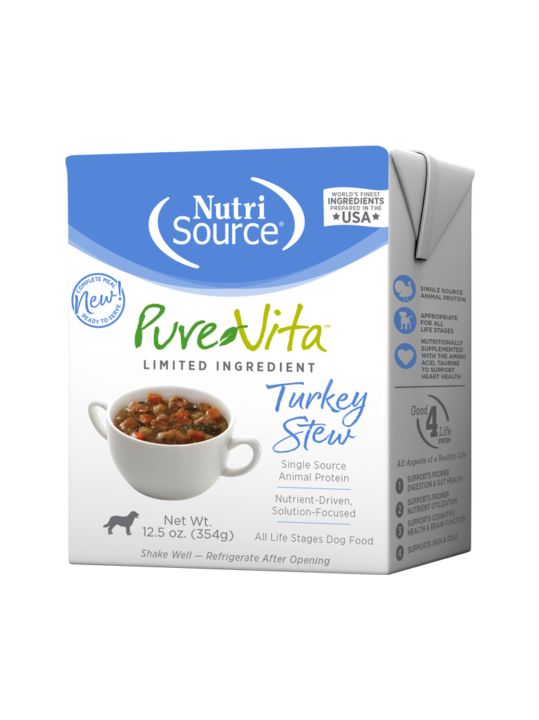 A TetraPak of NutriSource PureVita Turkey Stew dog food with a picture of the stew and product details.